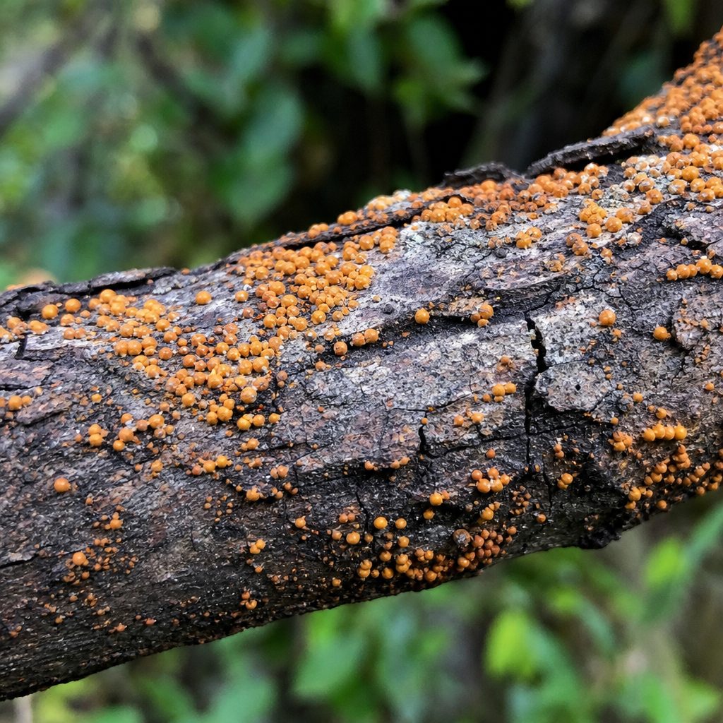 branche d'arbre de Judée présentant des pustules orange caractéristiques de la maladie du corail, gros plan sur l'écorce fissurée
