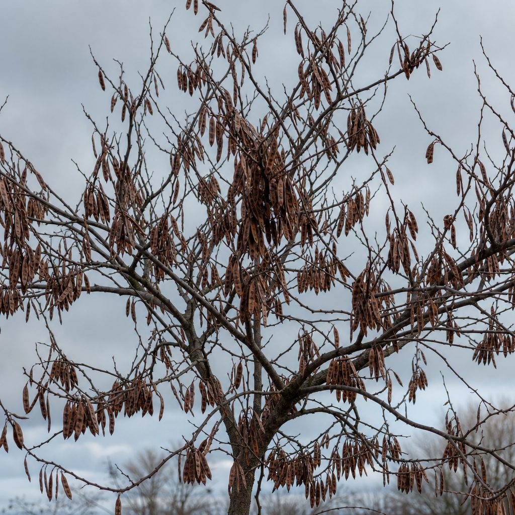 arbre de Judée dénudé en hiver couvert de gousses brunes pendantes, ciel gris en arrière-plan