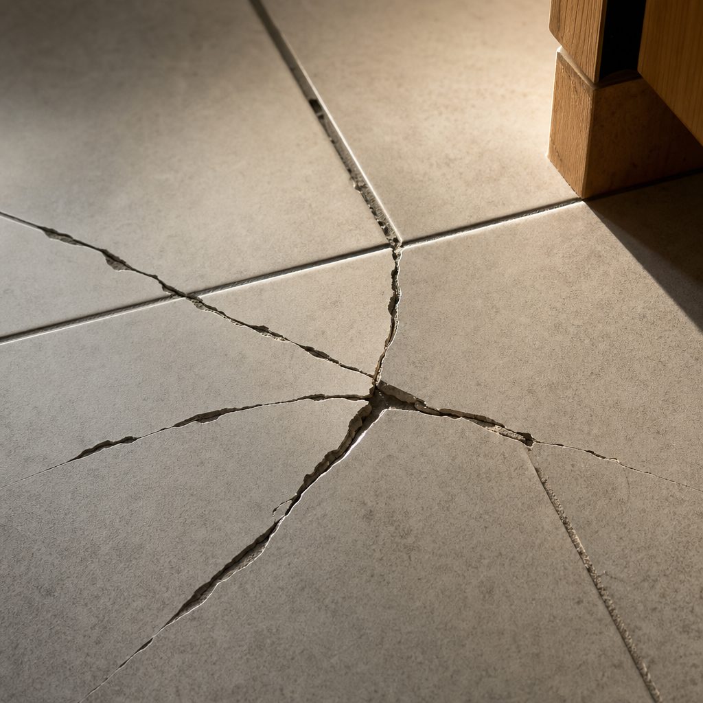 gros plan sur une fissure en toile d'araignée traversant plusieurs carreaux de sol, lumière naturelle rasante mettant en relief le désaffleurement