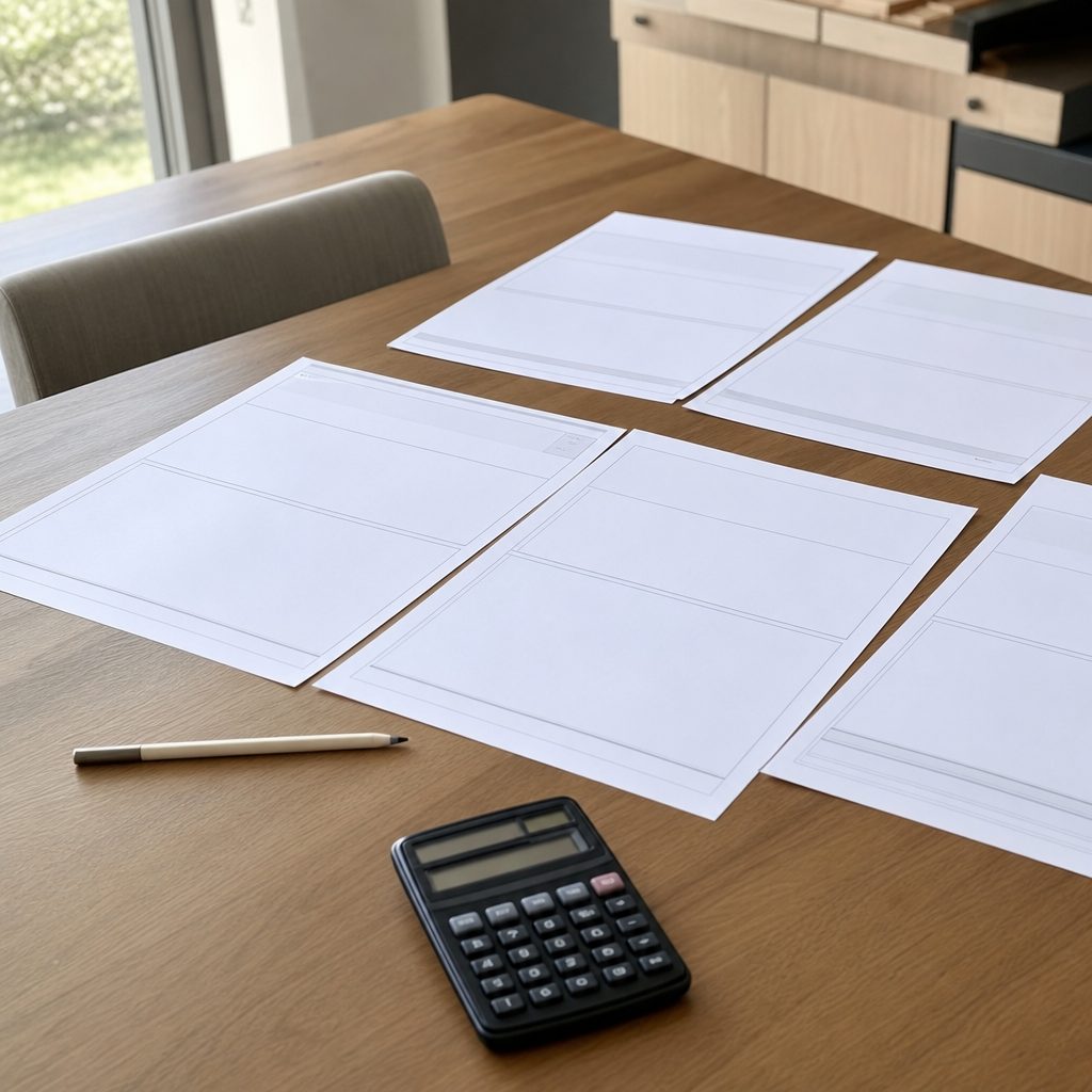 plusieurs devis papier posés côte à côte sur une table de cuisine, avec un crayon et une calculatrice, lumière naturelle du jour