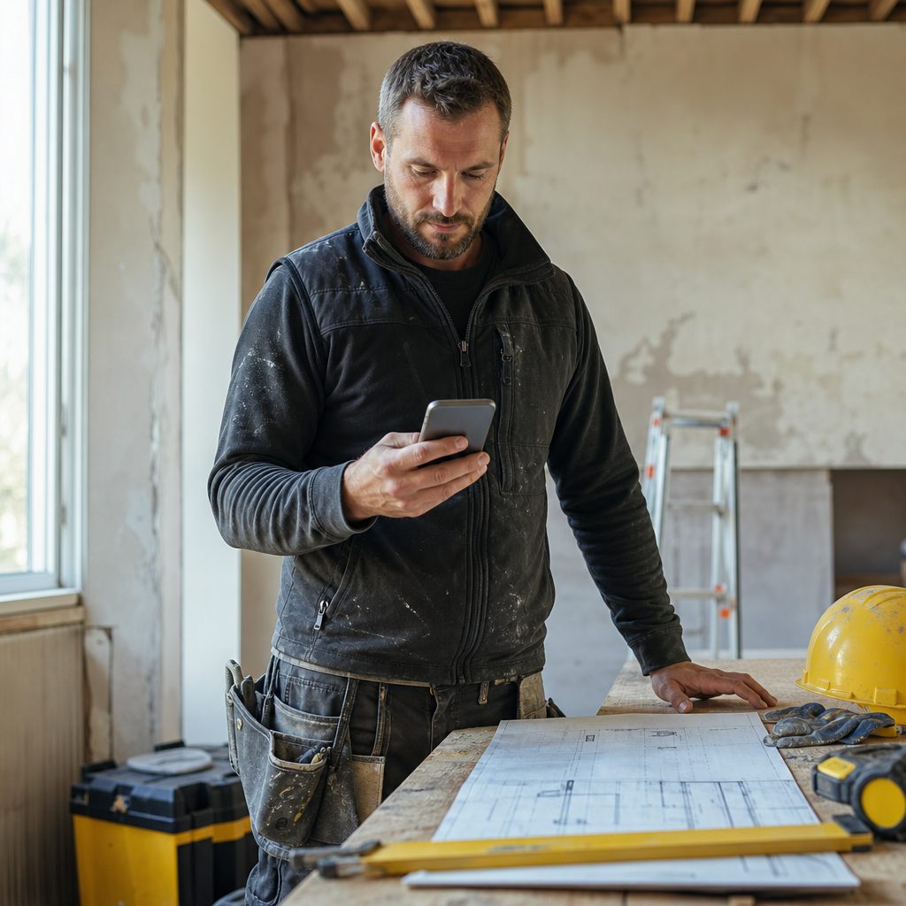 artisan en tenue de chantier consultant son téléphone, une notification de nouvelle demande de devis affichée à l'écran, à côté d'un plan de travail