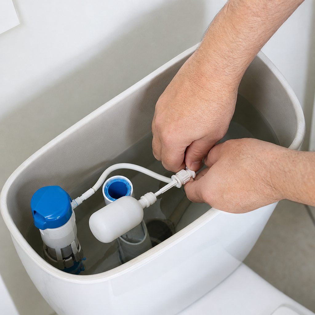 mains ajustant un flotteur blanc à l'intérieur d'un réservoir de WC ouvert, mécanisme de chasse d'eau visible