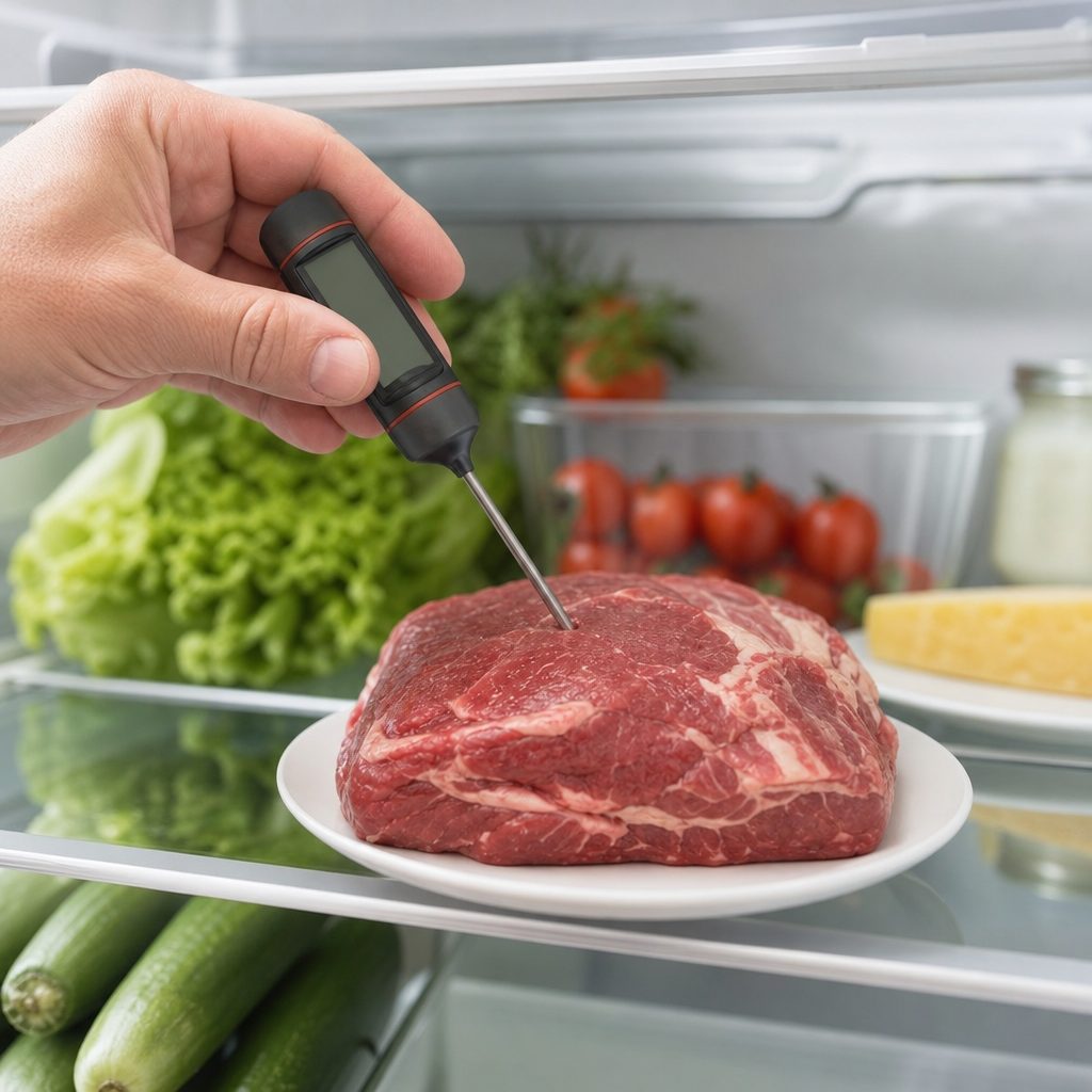 main tenant un thermomètre alimentaire numérique planté dans un morceau de viande crue posé sur une étagère de réfrigérateur