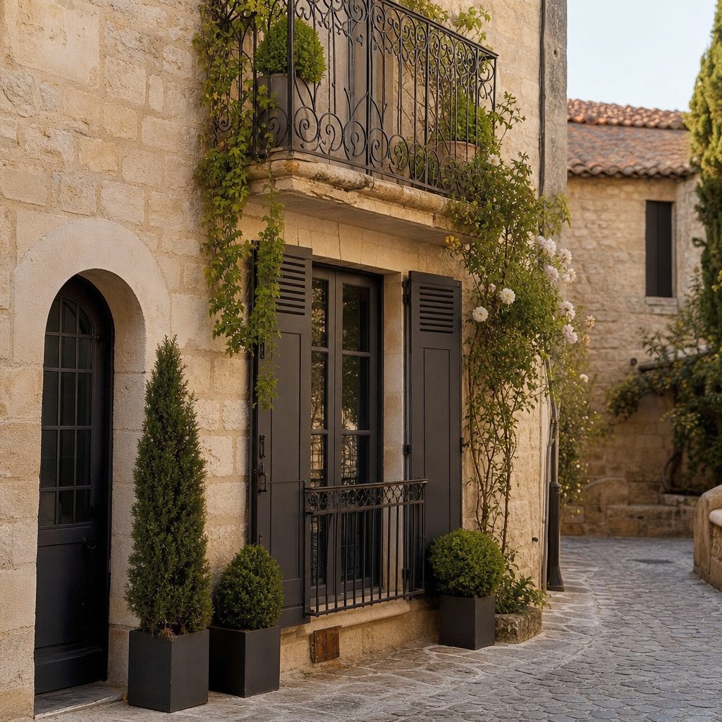 façade de village en pierre calcaire beige avec volets gris anthracite et ferronnerie noire mate, ruelle pavée, lumière douce de fin d'après-midi
