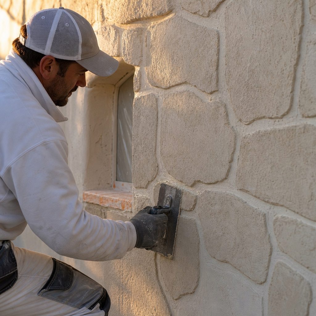 artisan appliquant à la truffe un enduit décoratif imitation pierre sur une façade, en train de créer le relief des faux joints avec un outil de finition, lumière de fin d'après-midi