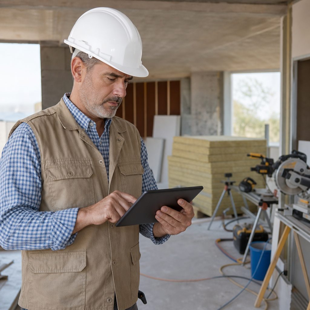 artisan avec casque de chantier remplissant un devis sur une tablette numérique, matériaux de construction et outils au second plan