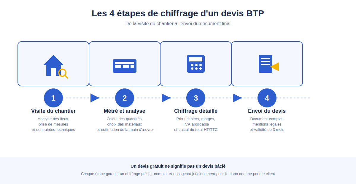 les 4 étapes de chiffrage d'un devis BTP, de la visite du chantier à l'envoi du document final