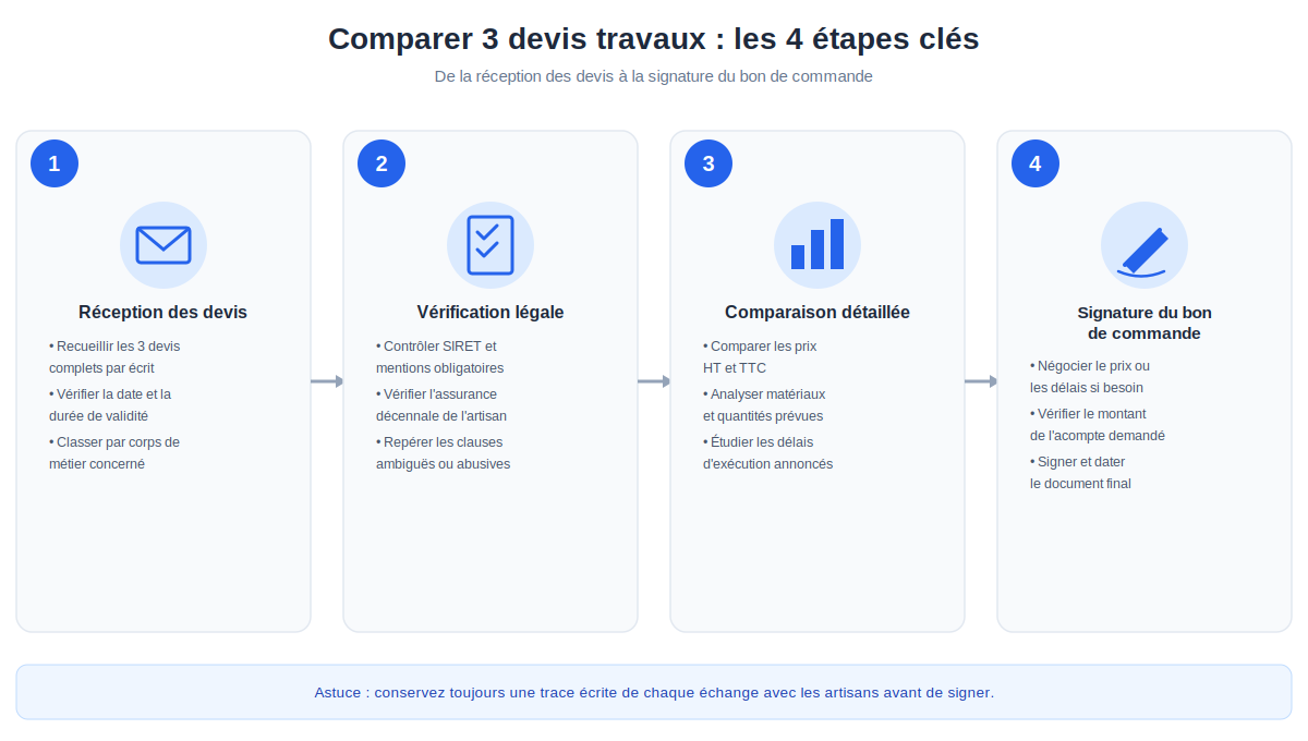 les 4 étapes pour comparer efficacement trois devis travaux, de la réception des devis à la signature du bon de commande