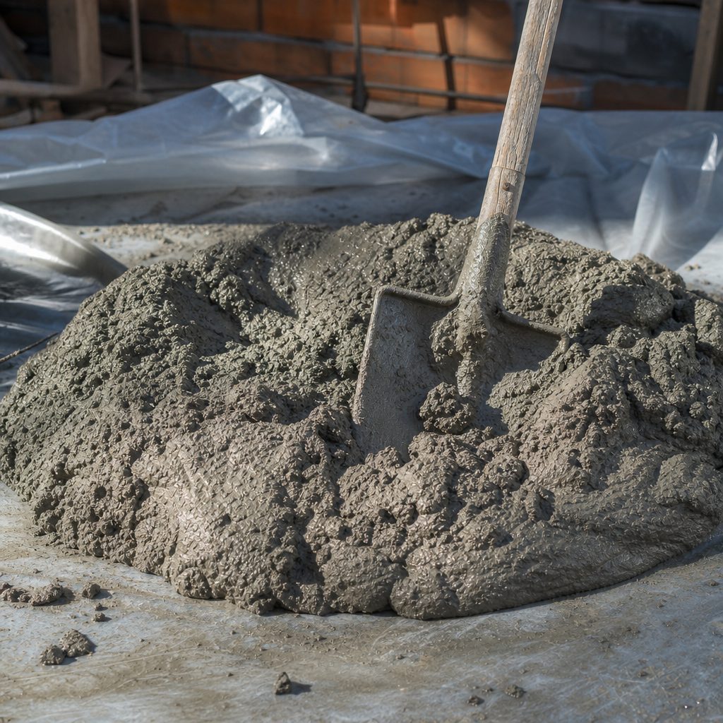 tas de béton frais mélangé à la pelle sur une bâche de chantier, texture homogène grise brillante, pelle plantée dedans