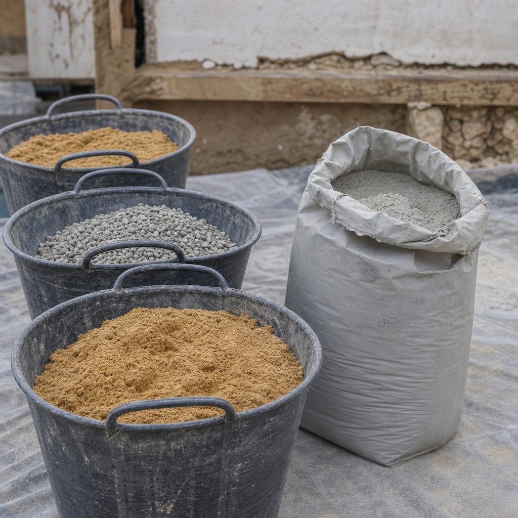 seaux de chantier remplis de sable et de gravier alignés à côté d'un sac de ciment gris ouvert, sur une bâche au sol