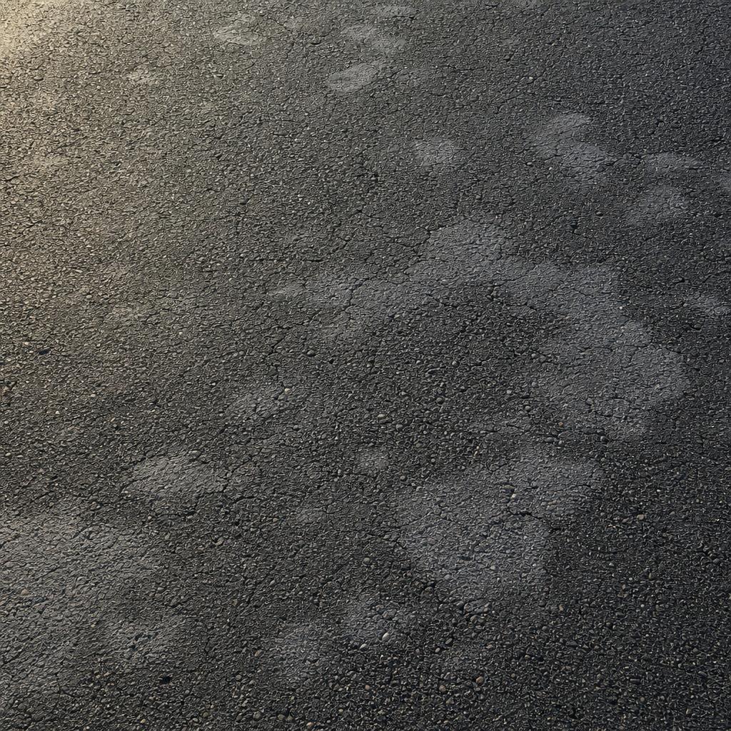 gros plan sur une surface d'enrobé noir présentant des microfissures et une décoloration grisâtre en plaques, lumière naturelle de fin de journée