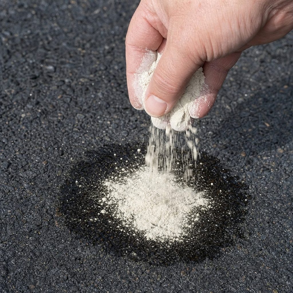 main saupoudrant de la terre de Sommières en poudre blanche sur une tache d'huile sombre à la surface d'un enrobé bitumineux