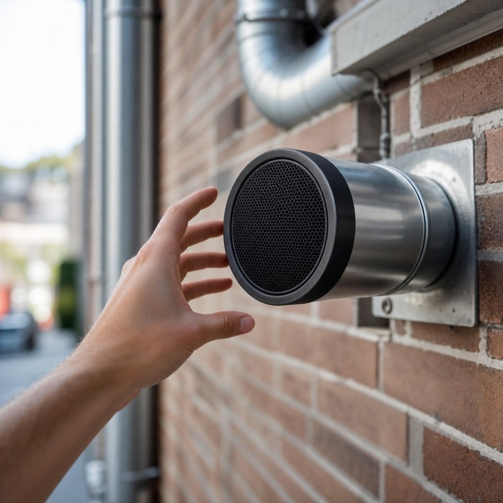 main visant un petit boîtier cylindrique de filtre à charbon actif sur l'extrémité d'un tuyau d'évent métallique en façade, lumière naturelle du jour