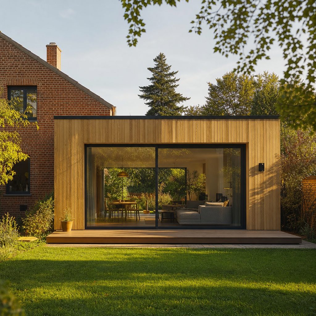 extension horizontale en ossature bois accolée à une maison en briques, baie vitrée donnant sur un jardin, lumière de fin d'après-midi