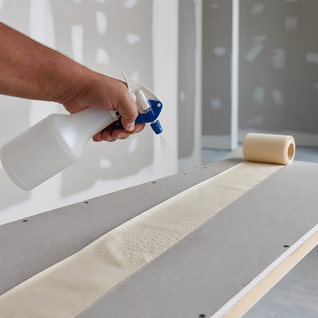 mains tenant un pulvérisateur d'eau au-dessus d'une bande à joint en papier déroulée sur une plaque de placo, gouttelettes visibles sur le papier