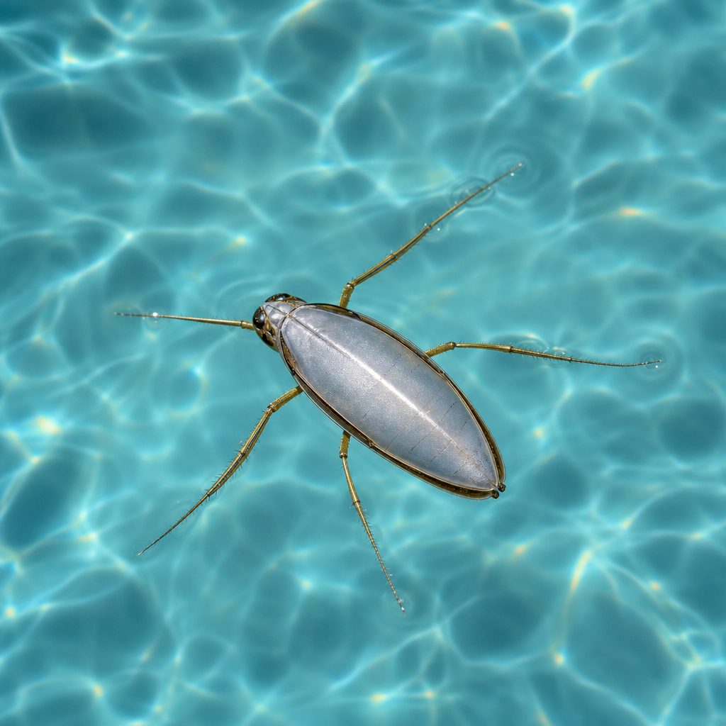 gros plan sur une notonecte nageant sur le dos à la surface d'une eau de piscine, dos argenté visible, lumière du jour