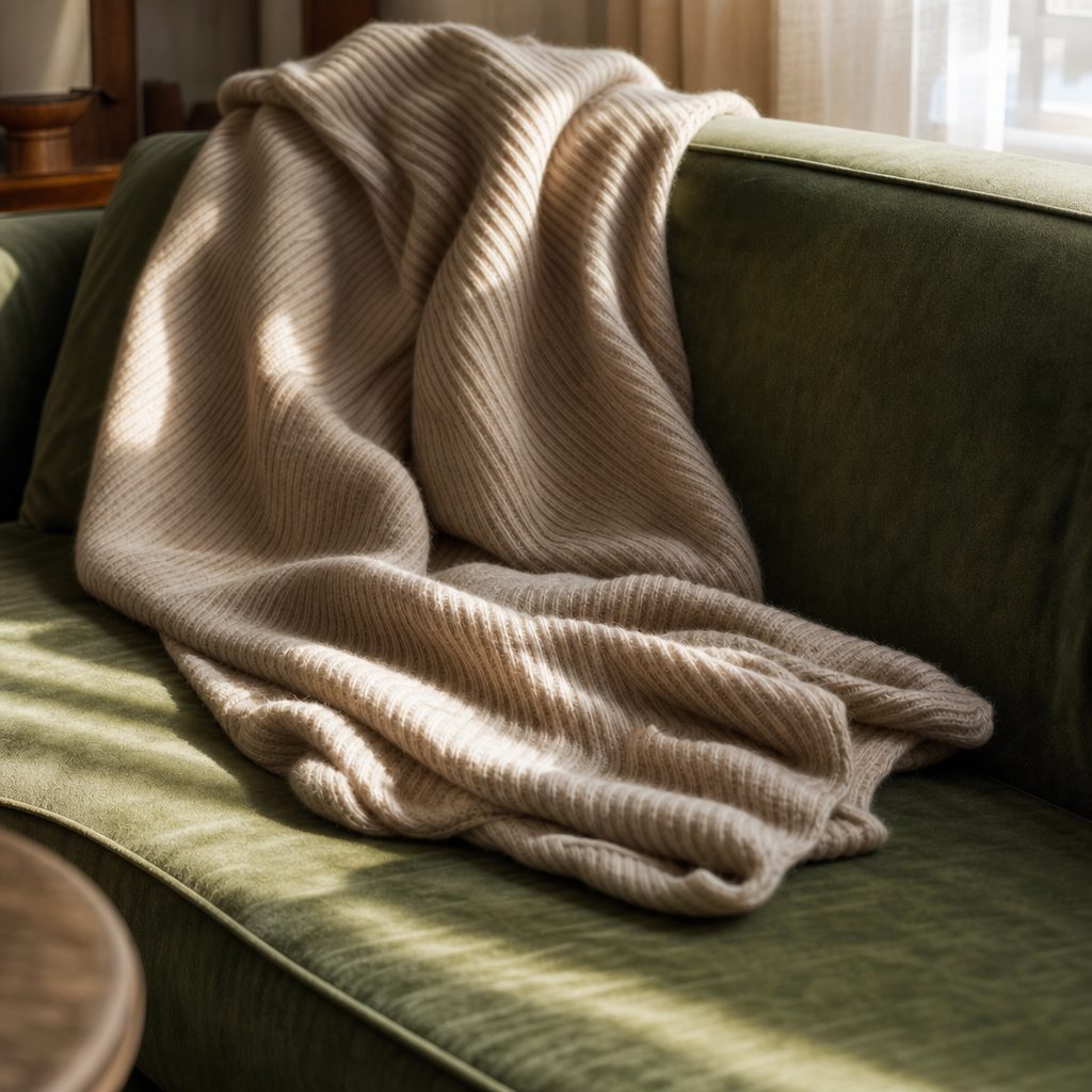 plaid en laine côtelée beige posé sur un canapé en velours vert sauge, lumière douce d'après-midi filtrant par une fenêtre