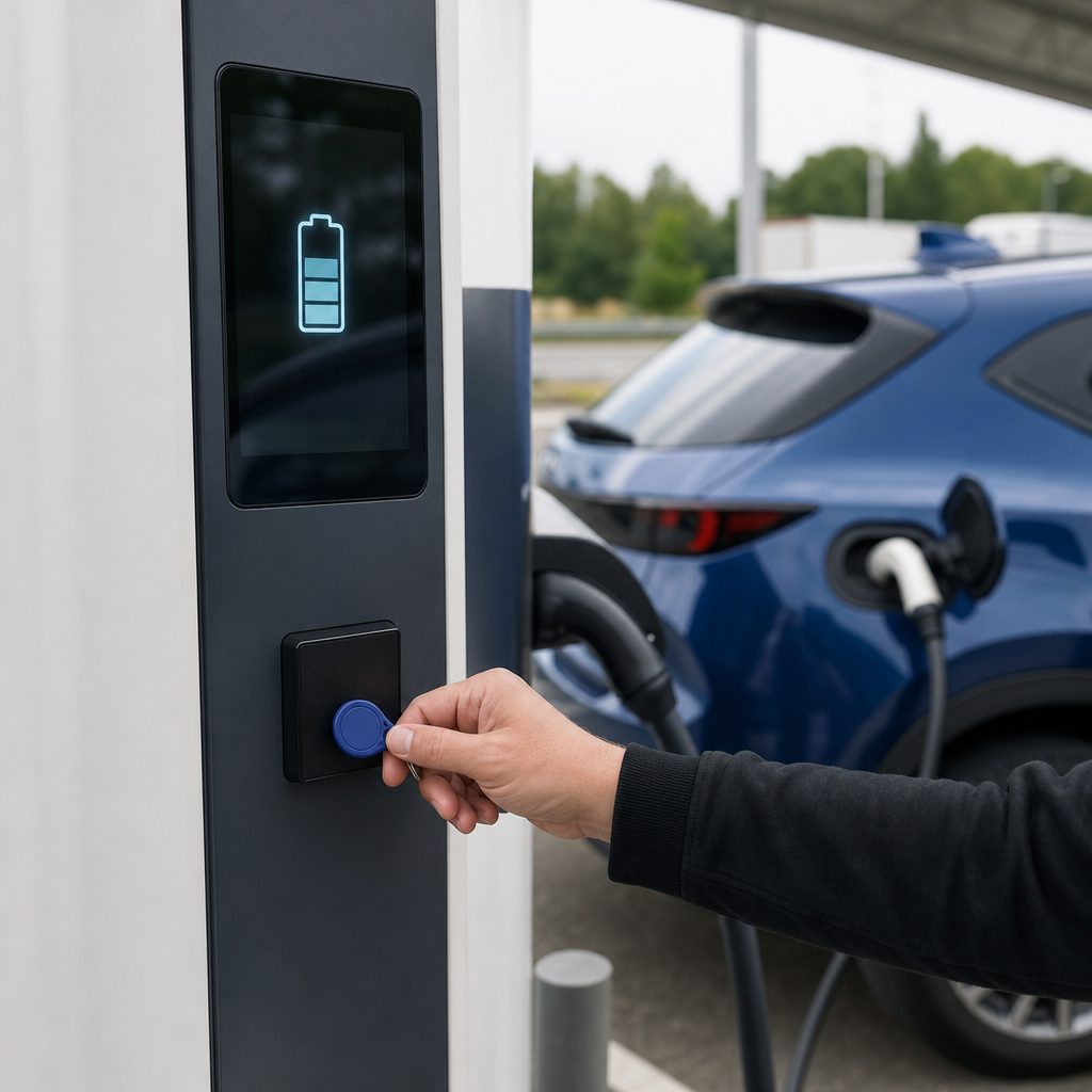 main tenant un badge RFID près du lecteur d'une borne de recharge électrique sur une aire d'autoroute, écran de la borne affichant une charge en cours