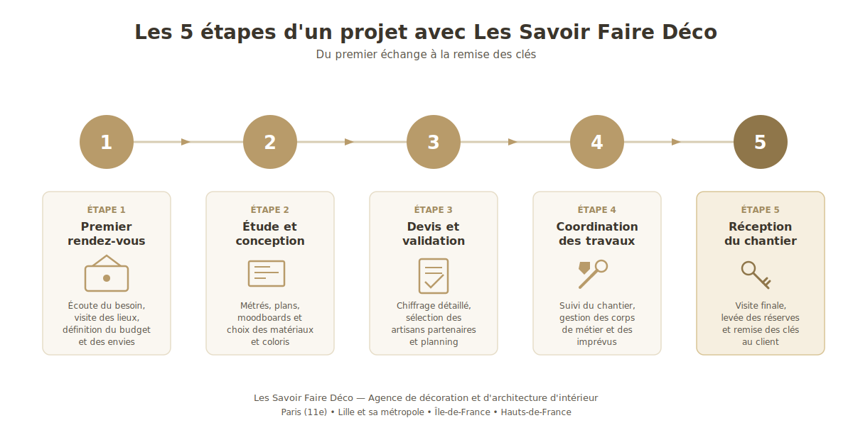 les cinq étapes d'un projet de décoration avec une agence, du premier rendez-vous à la réception du chantier
