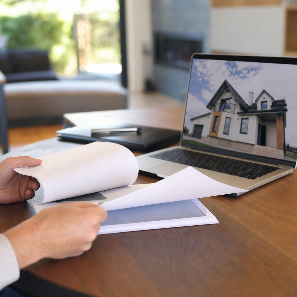 mains feuilletant un cahier des conditions de vente imprimé posé sur une table, à côté d'un ordinateur portable affichant une annonce immobilière