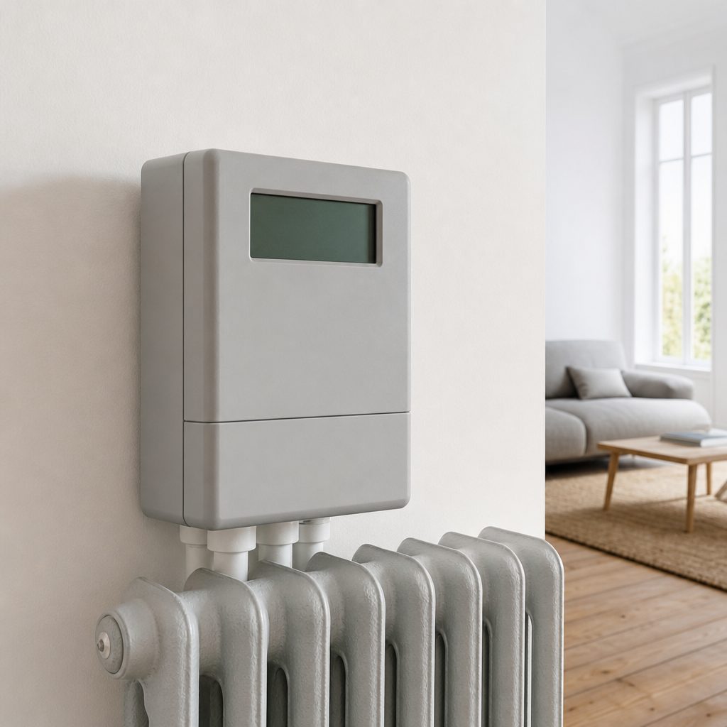 boîtier gris de répartiteur de chauffage fixé sur le dessus d'un radiateur en fonte, écran LCD visible, dans un salon lumineux