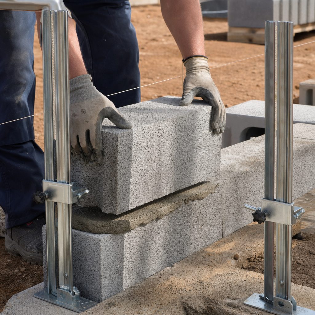 mains posant un parpaing sur un lit de mortier frais, guidé par les montants verticaux gradués d'un lunibloc fixé au sol, lumière naturelle de chantier extérieur