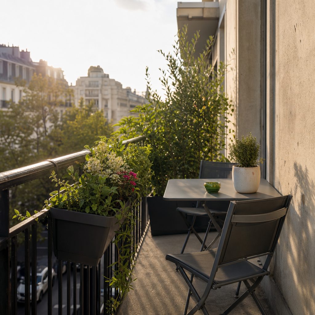 petit balcon urbain aménagé avec une table pliante en aluminium, deux chaises empilables et des jardinières suspendues, lumière de fin d'après-midi
