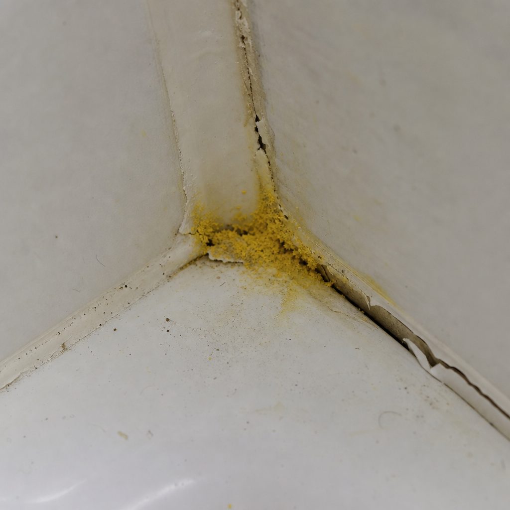 gros plan sur une tache de moisissure jaune poudreuse dans l'angle d'un mur de salle de bain, près d'un joint de silicone dégradé