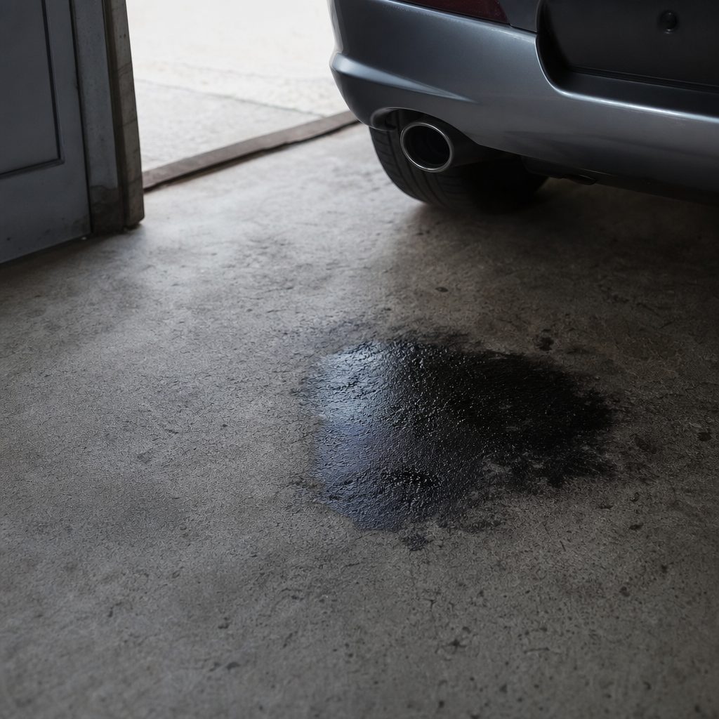 sol de garage en béton avec une tache d'huile sombre et luisante sous l'arrière d'une voiture, lumière naturelle filtrant par une porte entrouverte