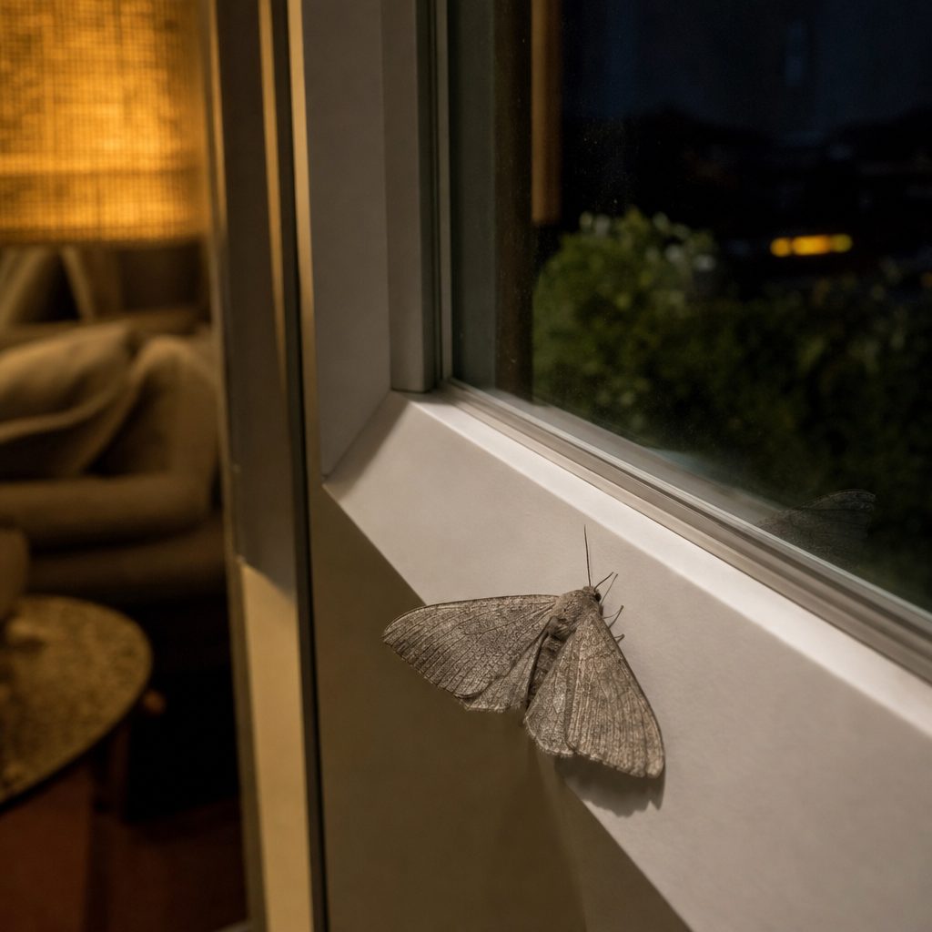 papillon de nuit gris posé sur le rebord intérieur d'une fenêtre éclairée, le soir, dans un salon