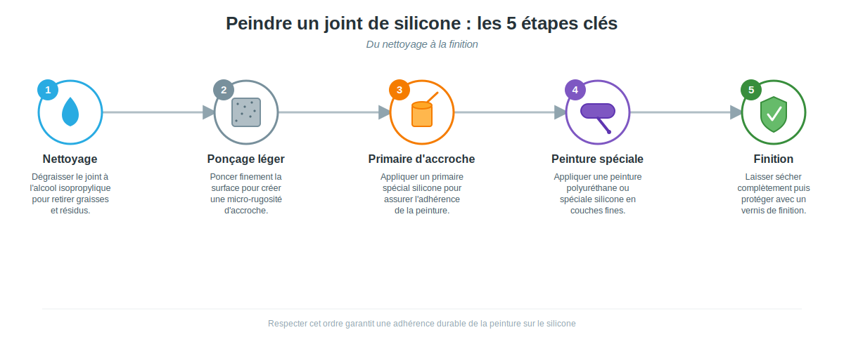 les 5 étapes chronologiques pour peindre un joint de silicone, du nettoyage à la finition