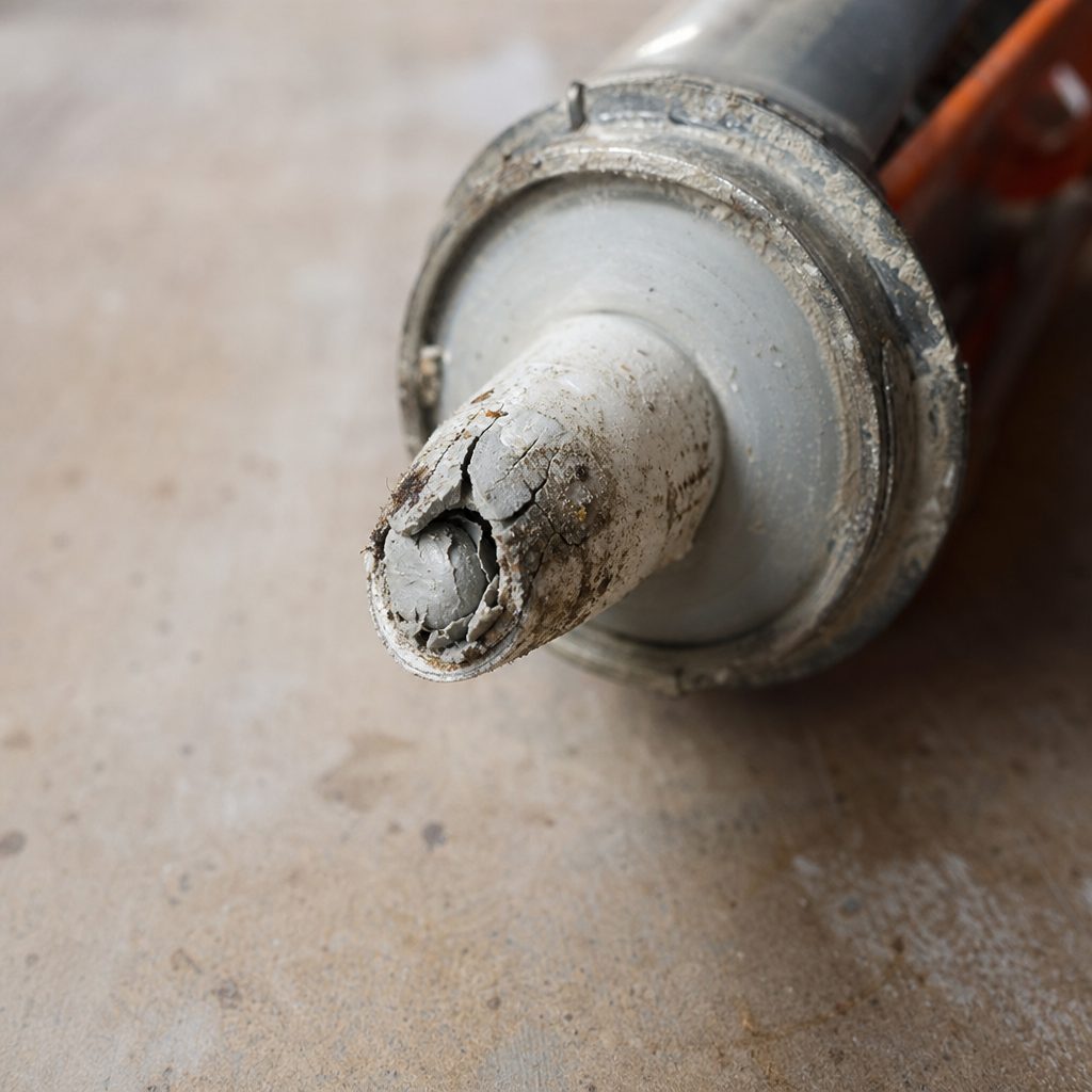 gros plan sur l'embout d'un pistolet à silicone avec un bouchon de silicone durci et craquelé obstruant la buse, lumière naturelle d'atelier