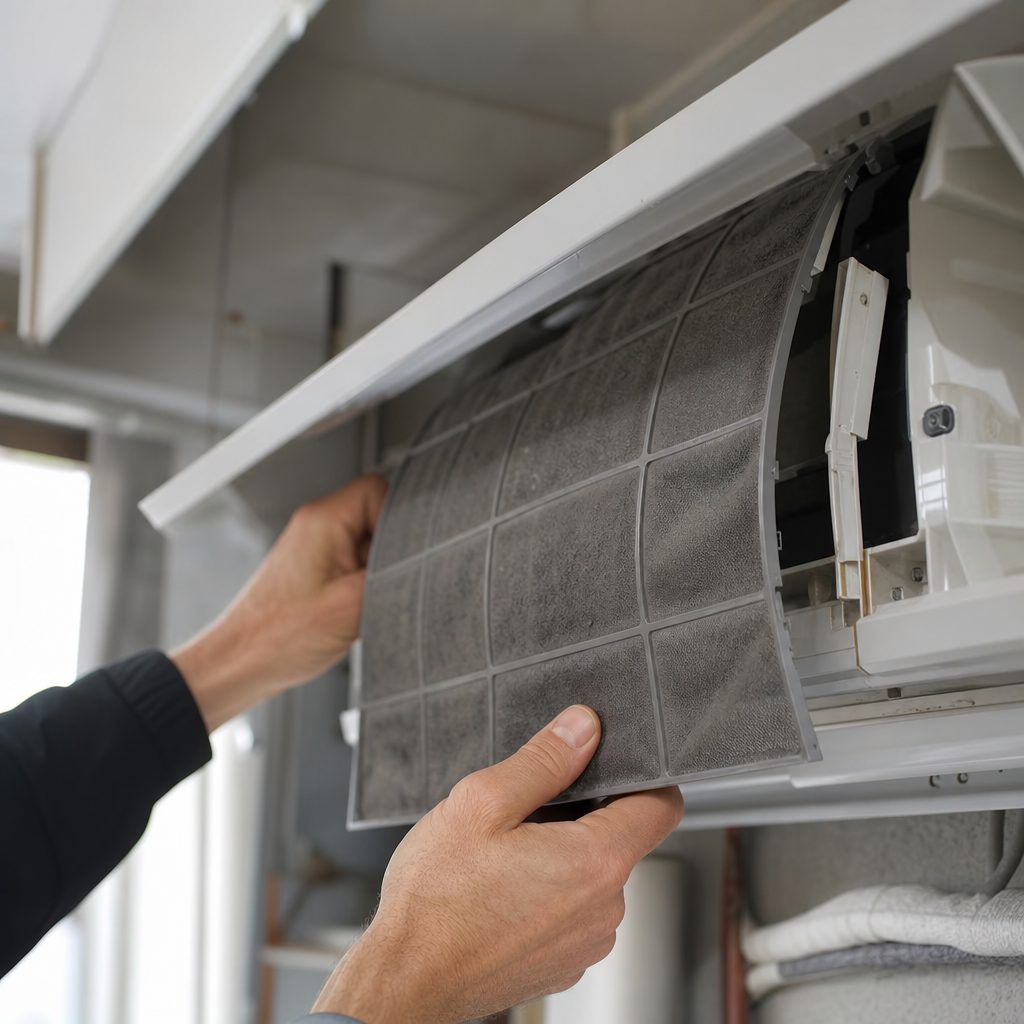 mains retirant un filtre encrassé gris d'une pompe à chaleur intérieure, gros plan, lumière naturelle d'un garage