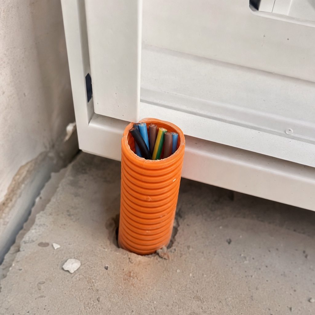 gros plan sur une gaine ICTA orange coupée net juste au-dessus du sol d'un tableau électrique GTL, câbles visibles à l'intérieur, lumière naturelle d'un chantier
