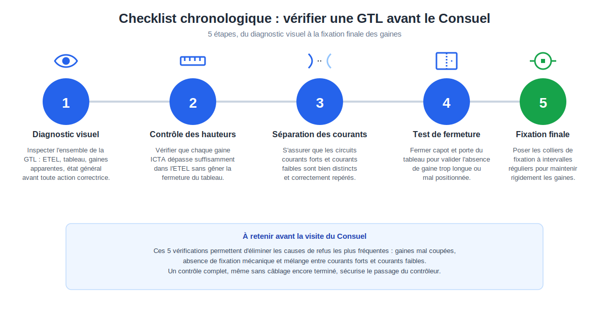 checklist chronologique en 5 étapes pour vérifier et corriger une GTL avant la visite du Consuel, du diagnostic visuel à la fixation finale des gaines