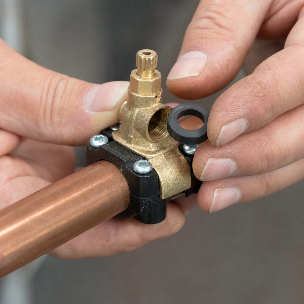 gros plan de mains remplaçant un joint caoutchouc sur la bride d'un robinet autoperceur fixé sur un tuyau en cuivre, éclairage d'atelier