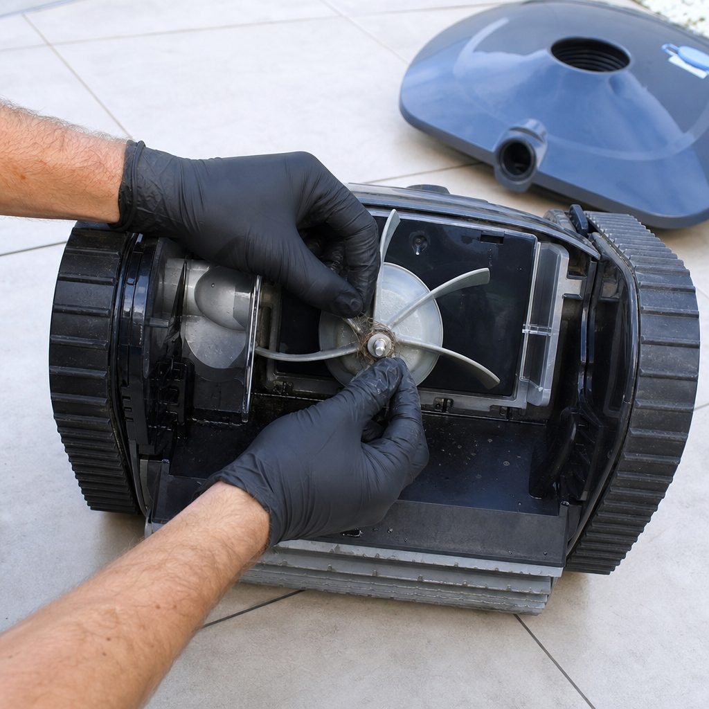 mains gantées retirant un cheveu enroulé autour de l'axe de l'hélice d'un robot piscine démonté, capot posé à côté sur le sol