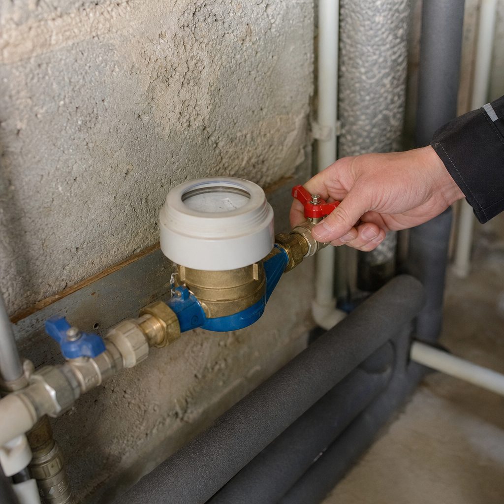 main tournant une vanne à bille rouge et bleue près d'un compteur d'eau dans un local technique de maison