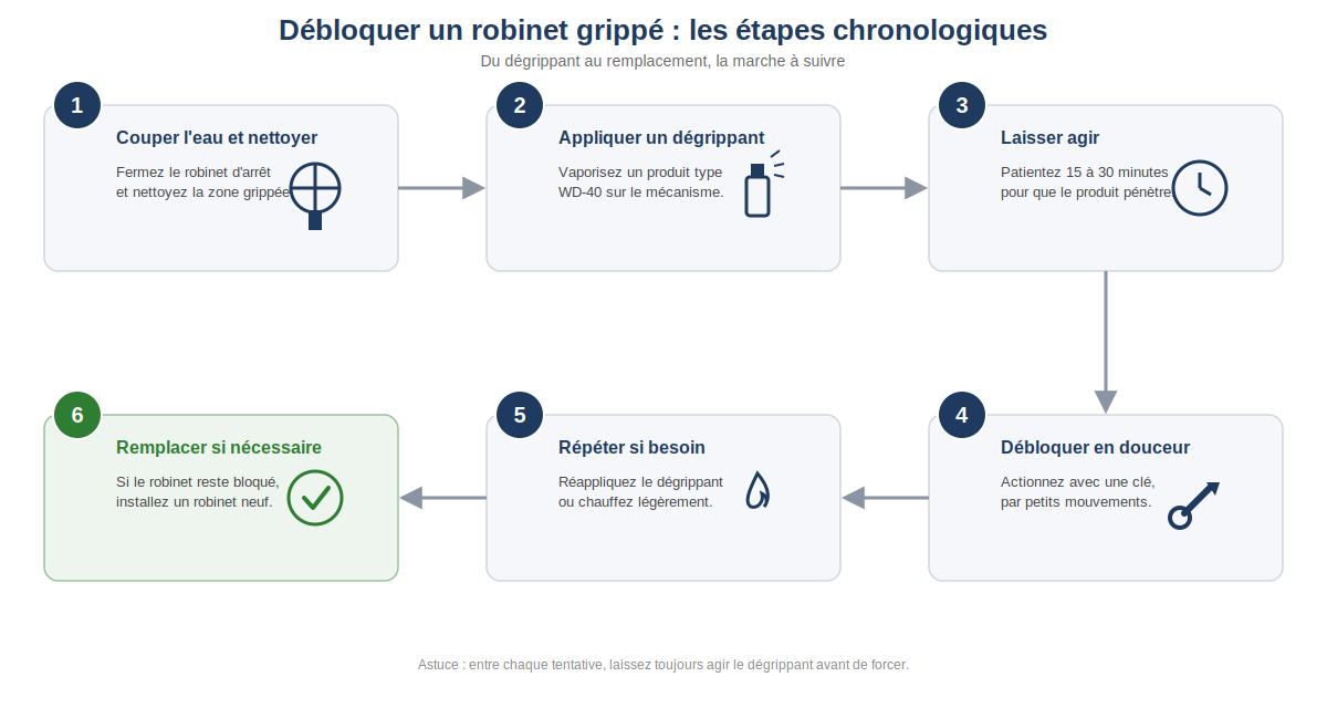 étapes chronologiques pour débloquer un robinet grippé, de l'application du dégrippant au remplacement si nécessaire