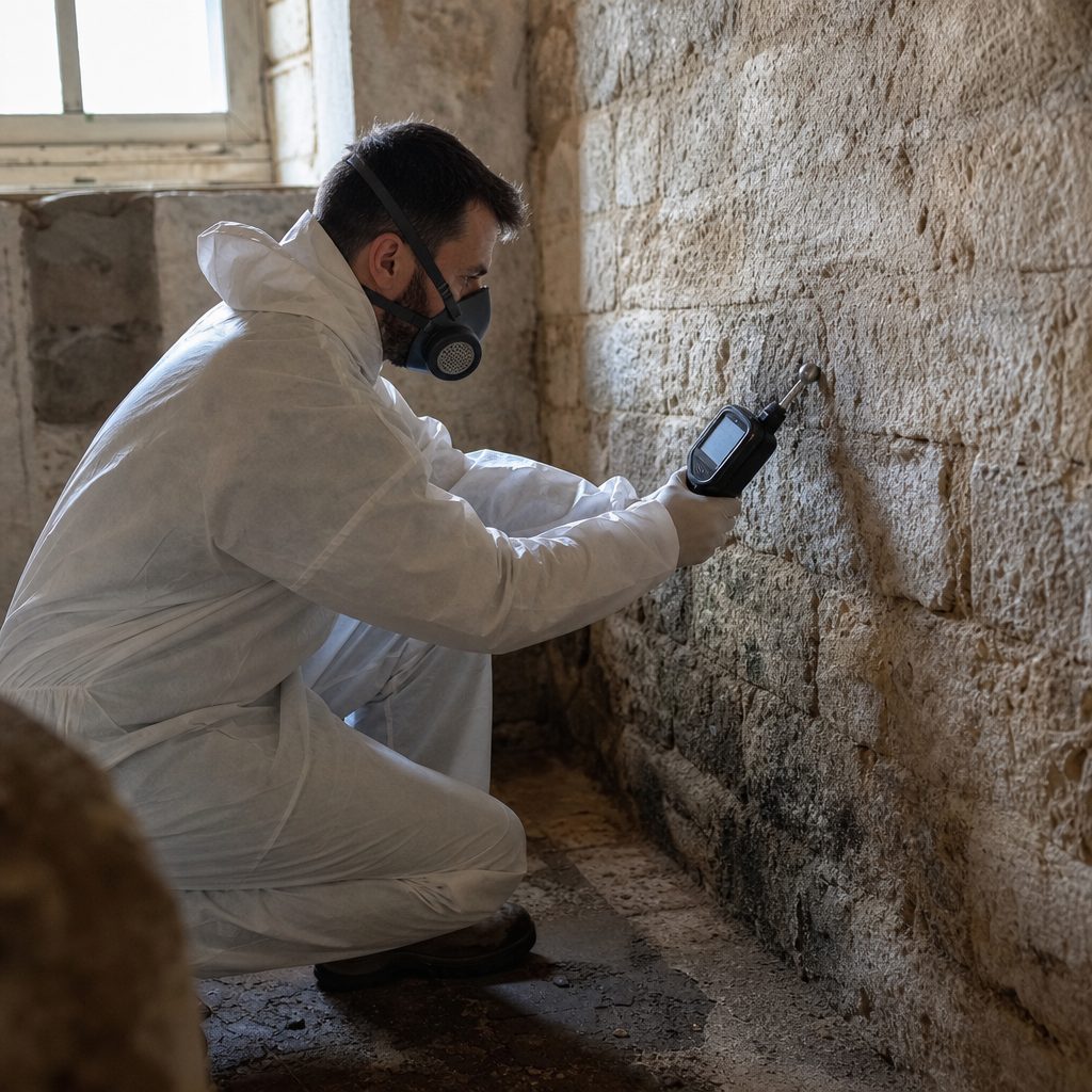 technicien en combinaison appliquant un hygromètre sur un mur en pierre humide, intérieur de maison ancienne, lumière naturelle d'une fenêtre