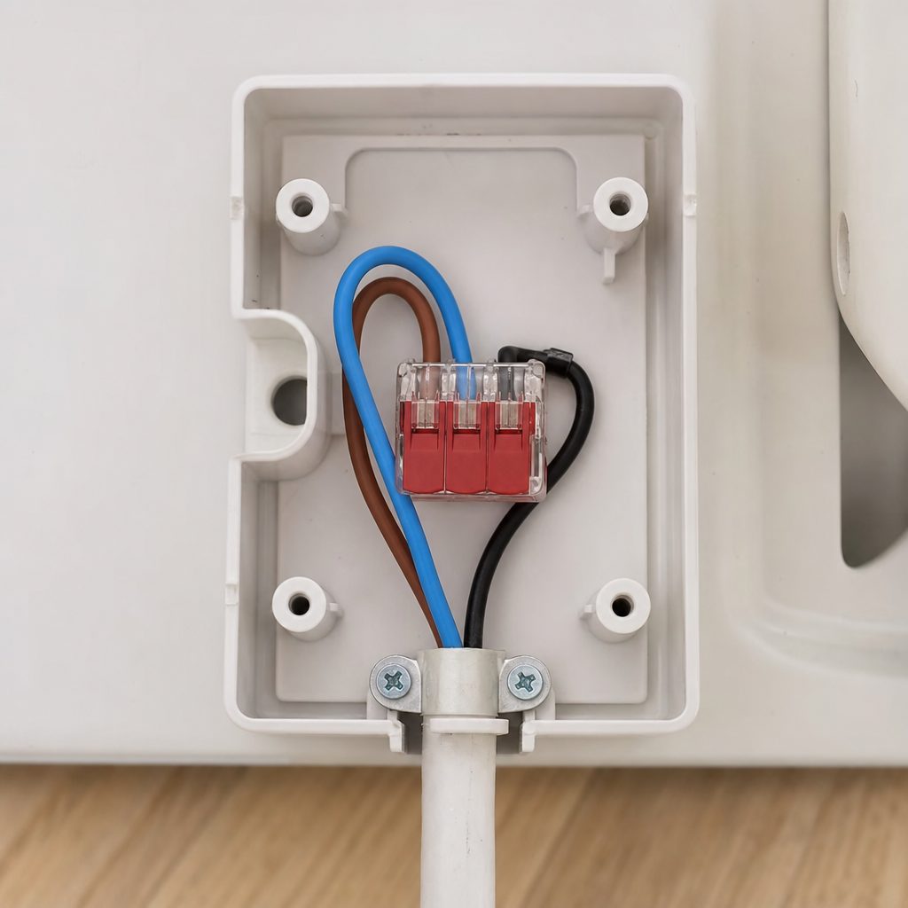 gros plan sur un boîtier de raccordement de radiateur électrique, fil noir isolé par un domino Wago rouge, câbles de phase et neutre bien séparés