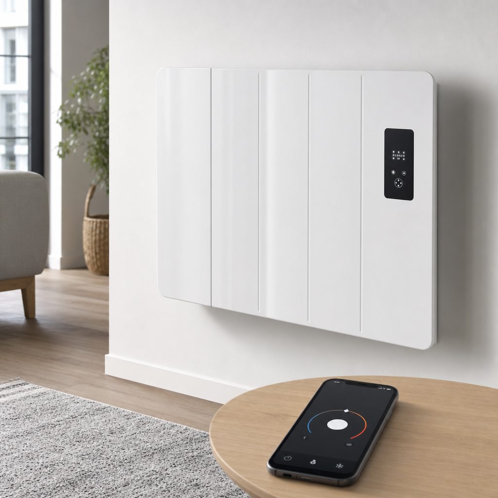 radiateur électrique blanc moderne avec écran tactile digital intégré, application de thermostat affichée sur un smartphone posé à proximité
