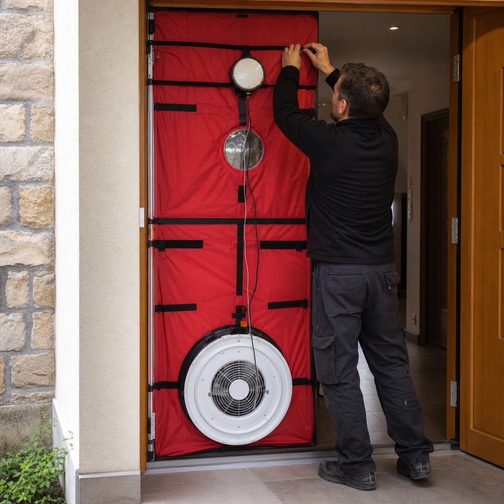 technicien positionnant une porte soufflante avec ventilateur et manomètre dans l'encadrement d'une porte d'entrée de maison