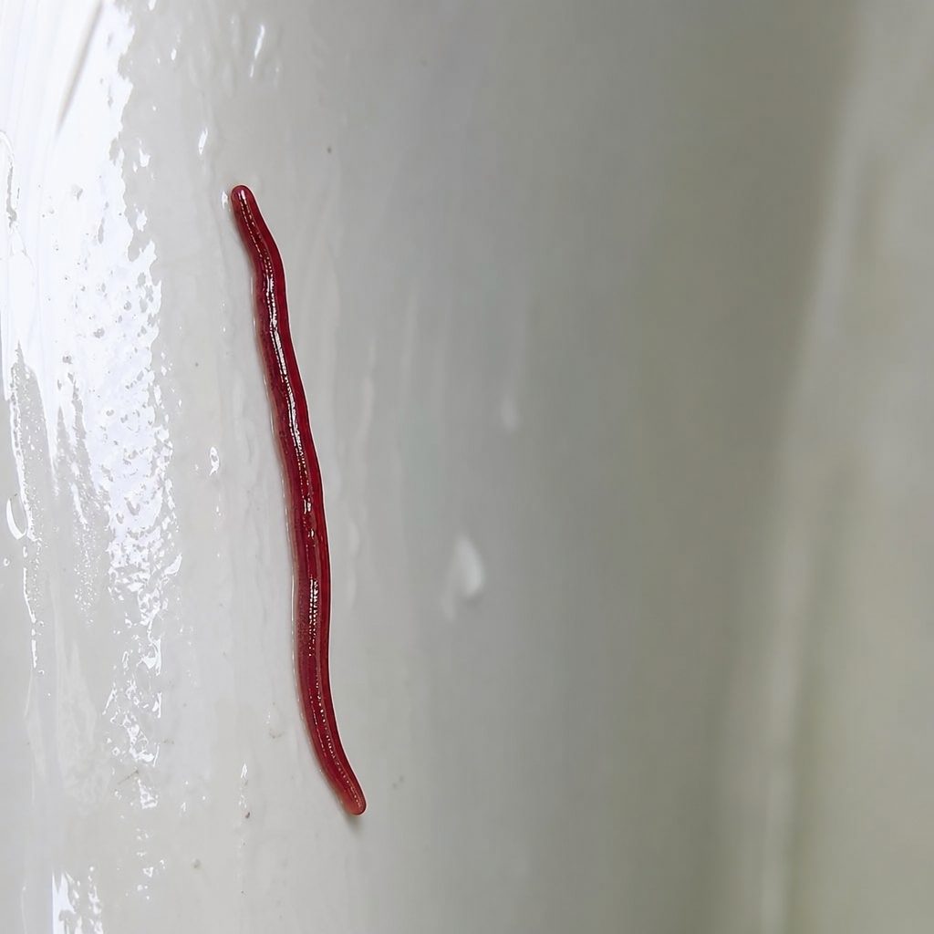 gros plan sur un ver rouge fin et allongé accroché à la paroi humide d'une cuvette de toilettes, éclairage naturel doux