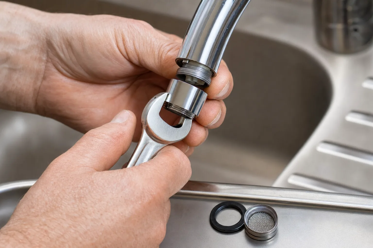 Demontage a la cle plate de l'embout aerateur d'un robinet de cuisine chrome, joint et grille poses sur l'evier.