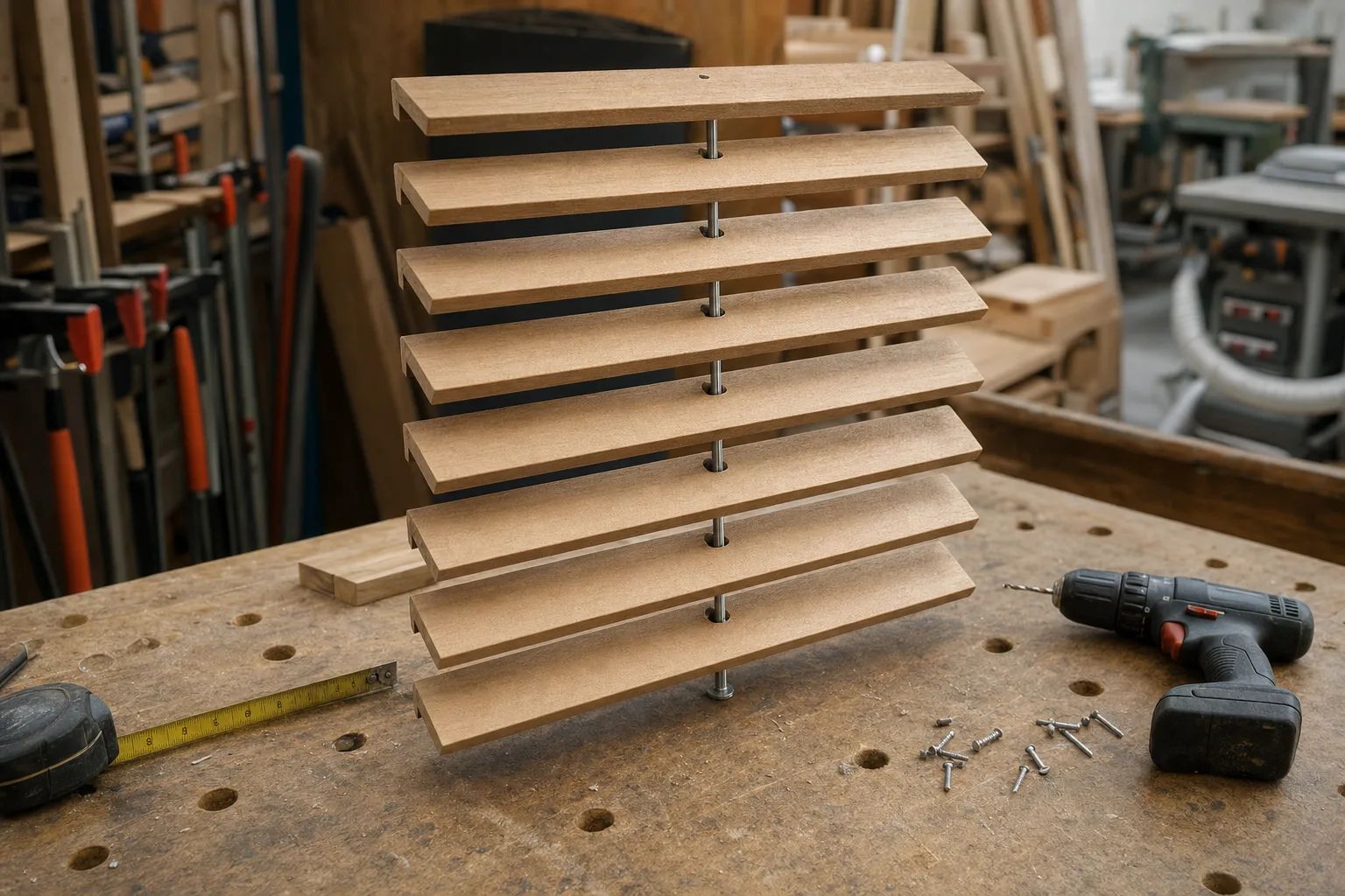Mecanisme de lames de bois orientables relie par une tringle verticale, pose sur un etabli avec une perceuse et un metre.
