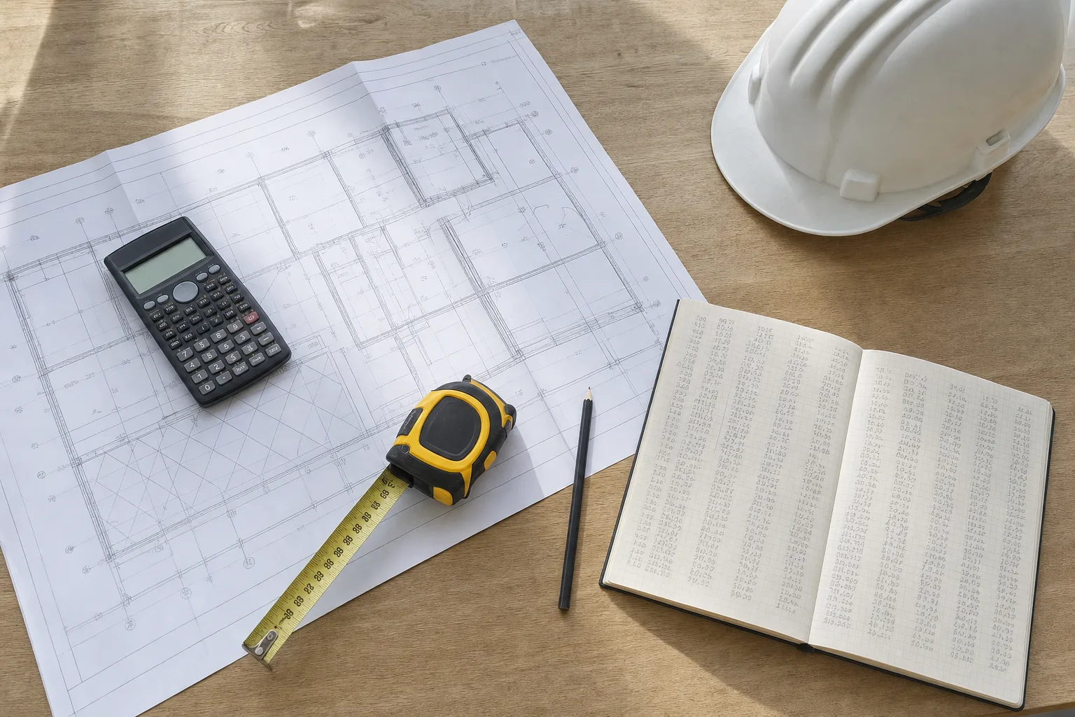 Plan d'architecte, calculatrice, metre et carnet de chiffres poses sur une table, avec un casque de chantier.