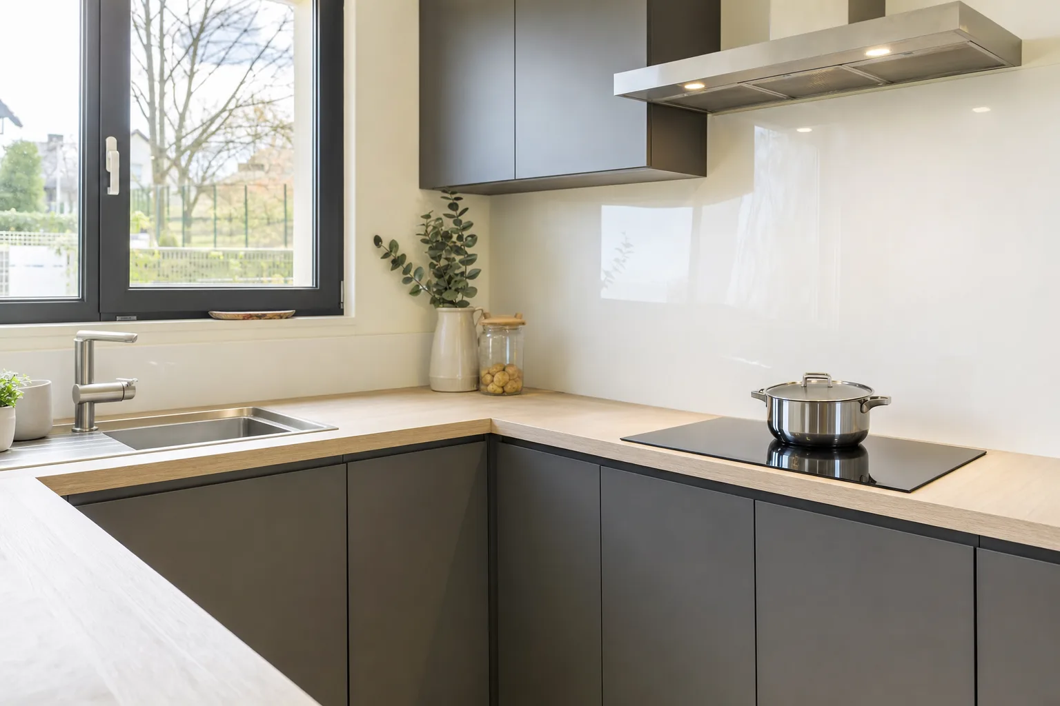 Plaque de cuisson a induction encastree dans le retour d'angle d'un plan de travail de cuisine.