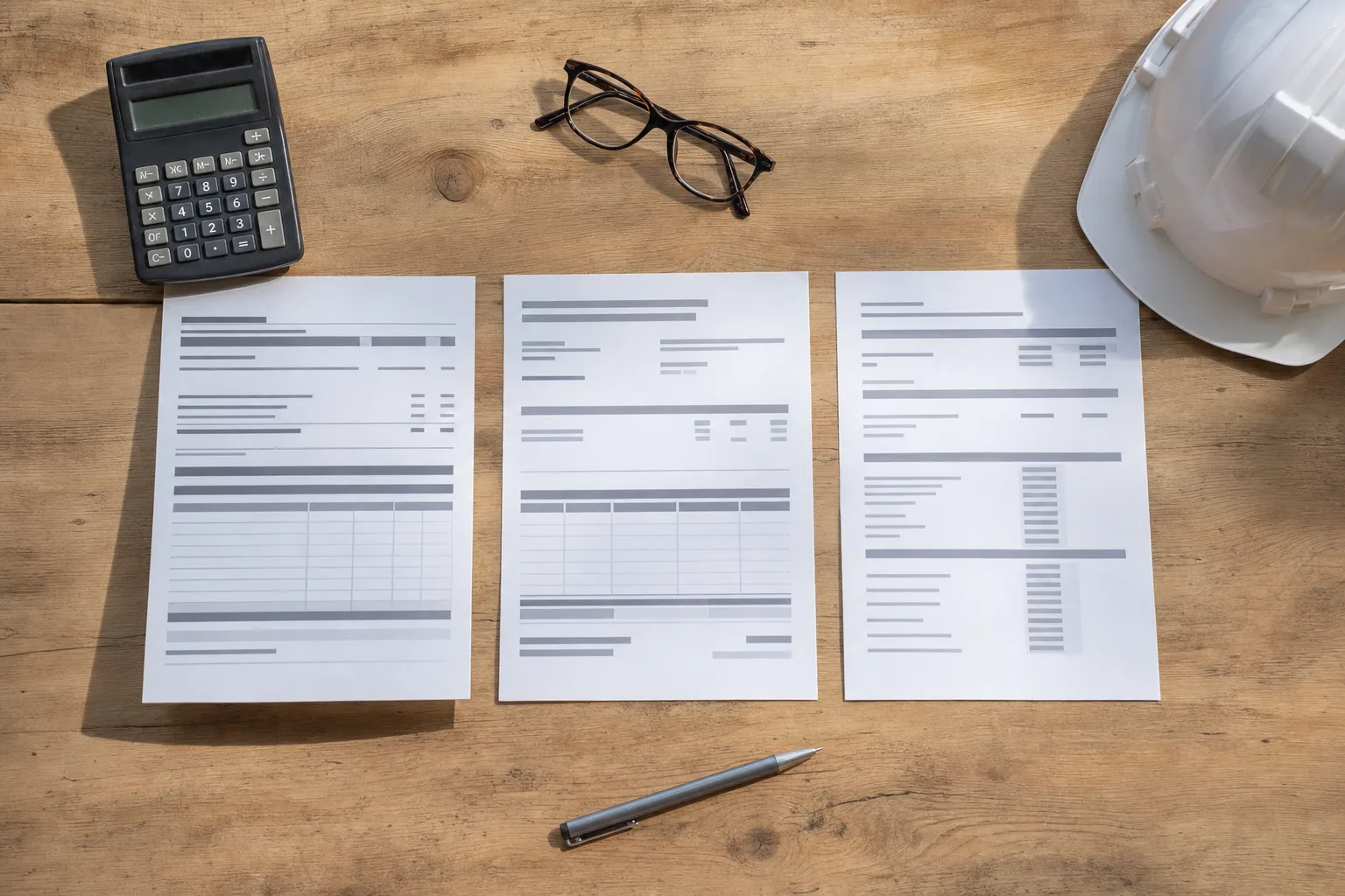 Trois devis posés côte à côte sur une table avec une calculatrice, un stylo, des lunettes et un casque de chantier.