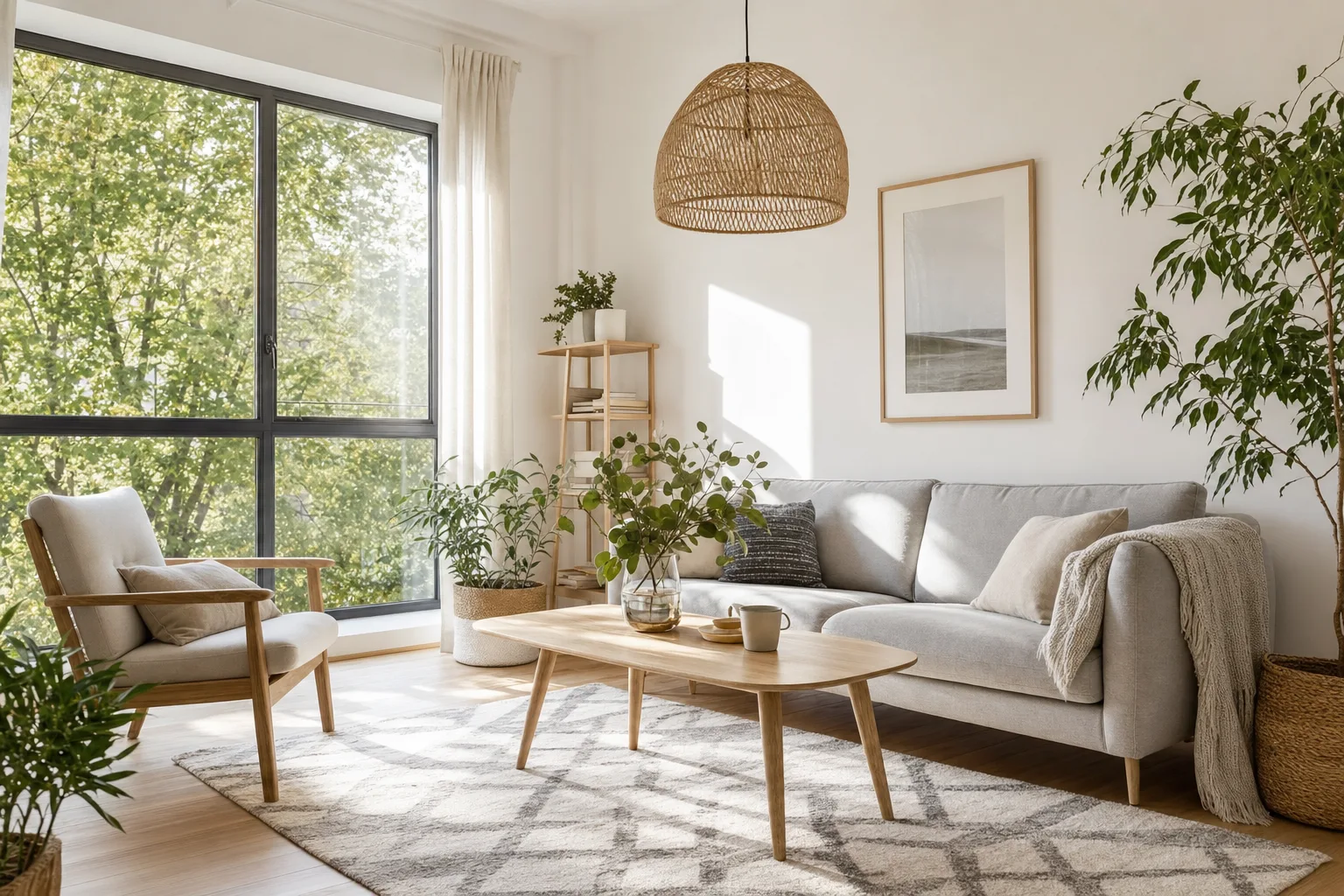 Pièce à vivre de style scandinave lumineux avec canapé gris clair, plaid en laine, table basse en bois blond et plantes d'intérieur.